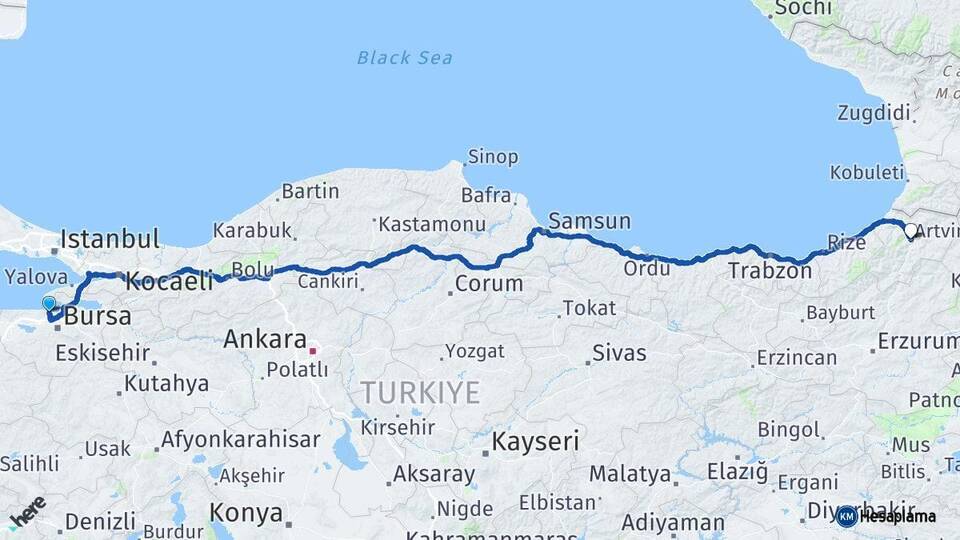 Bursa Mudanya Artvin Arası Kaç Km - Yol Haritası