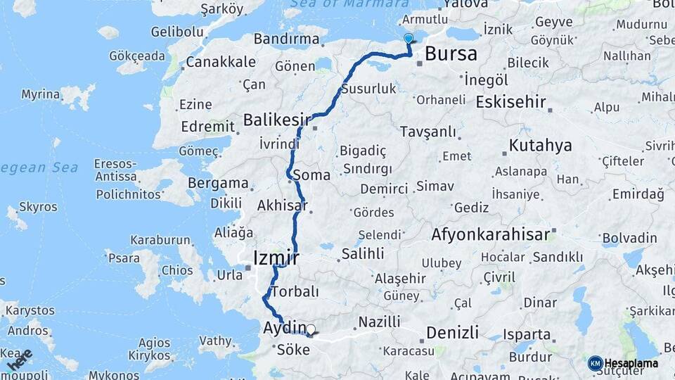 Bursa Mudanya Aydın Arası Kaç Km - Yol Haritası
