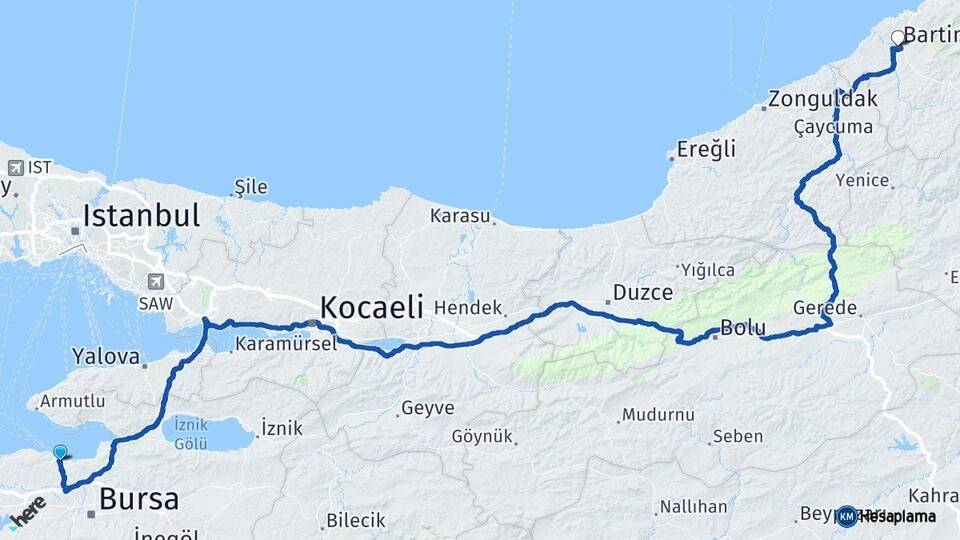 Bursa Mudanya Bartın Arası Kaç Km - Yol Haritası