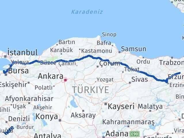 Bursa Mudanya Bayburt Arası Kaç Km - Yol Haritası