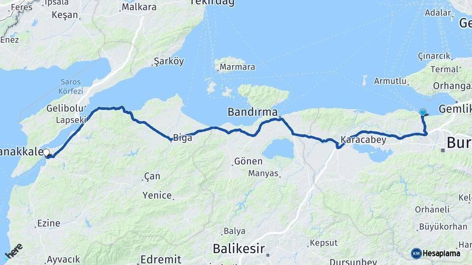 Bursa Mudanya Çanakkale Arası Kaç Km - Yol Haritası