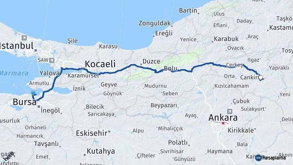 Bursa Mudanya Çankırı Arası Kaç Km - Yol Haritası