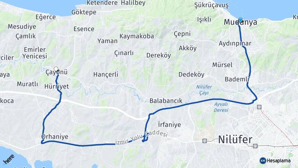 Bursa Mudanya Çayönü Mudanya Arası Kaç Km - Yol Haritası