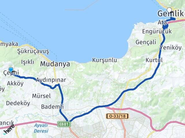 Çepni Gemlik İDO Feribot İskelesi Arası Kaç Km - Yol Tarifi