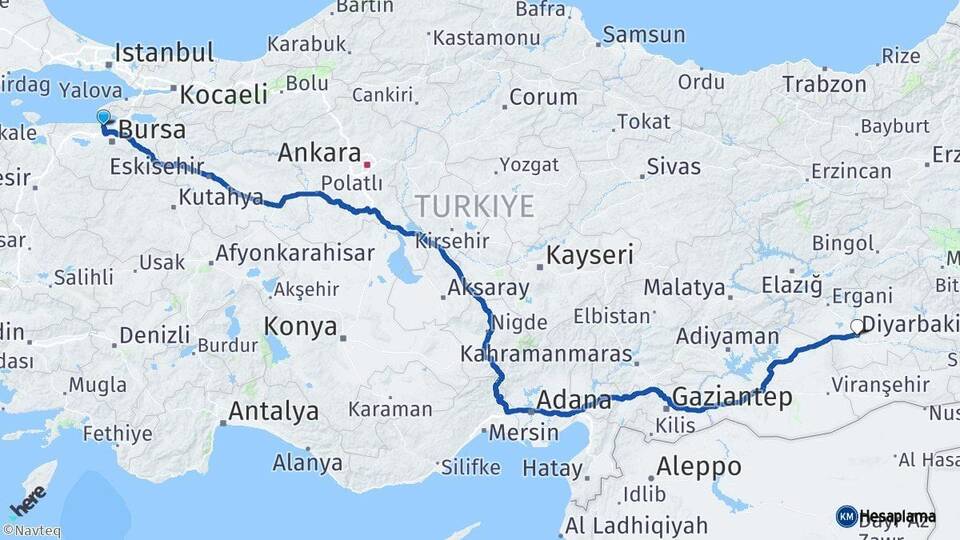 Bursa Mudanya Diyarbakır Arası Kaç Km - Yol Haritası