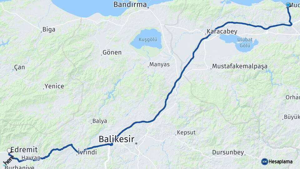 Bursa Mudanya Edremit Balıkesir Arası Kaç Km - Yol Haritası