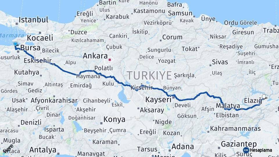 Bursa Mudanya Elazığ Arası Kaç Km - Yol Haritası