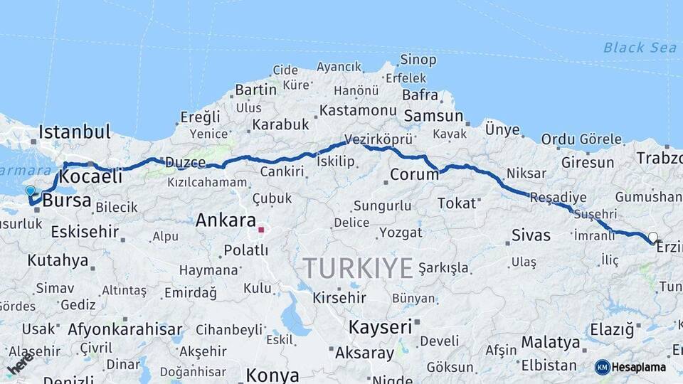 Bursa Mudanya Erzincan Arası Kaç Km - Yol Haritası