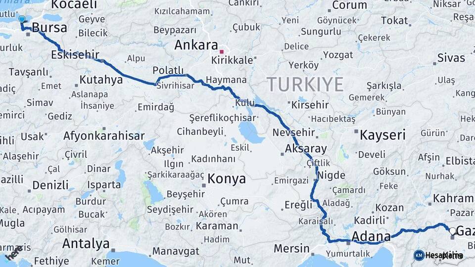 Bursa Mudanya Gaziantep Arası Kaç Km - Yol Haritası