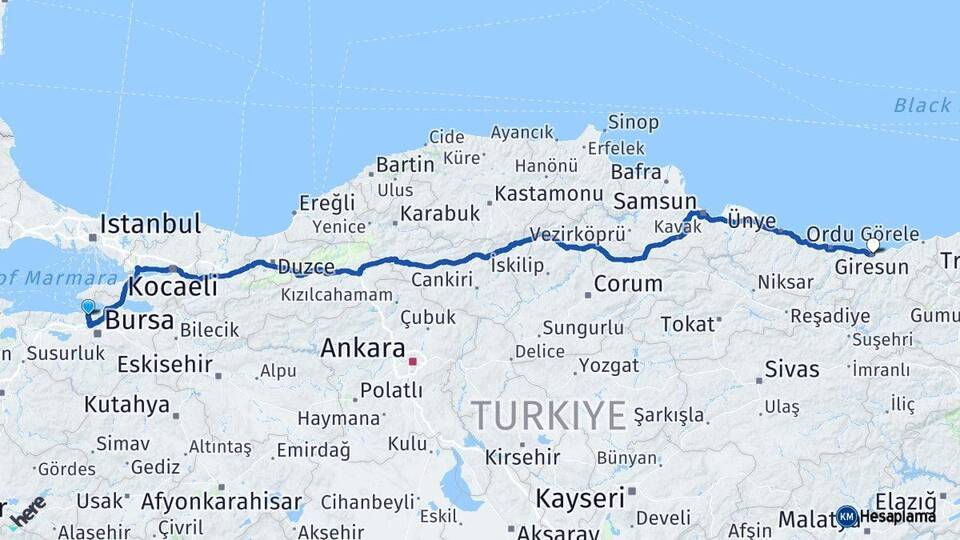 Bursa Mudanya Giresun Arası Kaç Km - Yol Haritası