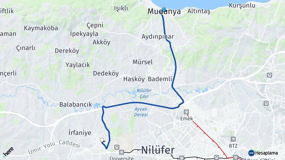 Bursa Mudanya Görükle Nilüfer Arası Kaç Km - Yol Haritası