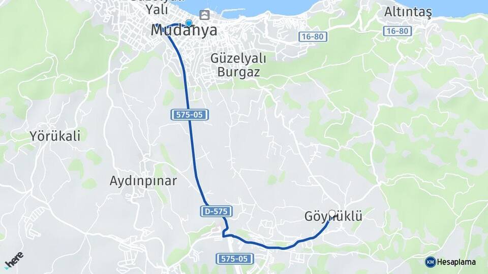 Bursa Mudanya Göynüklü Mudanya Arası Kaç Km - Yol Haritası