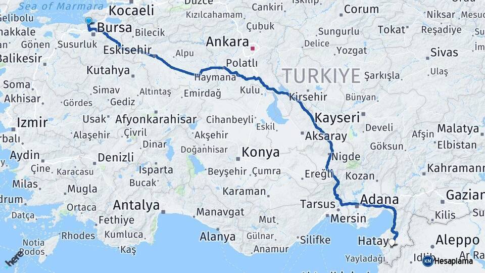 Bursa Mudanya Hatay Arası Kaç Km - Yol Haritası
