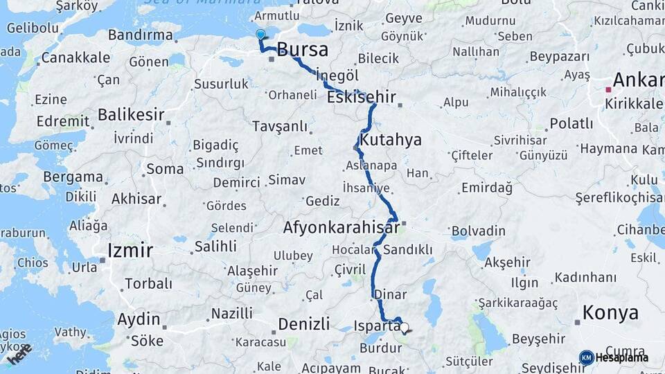 Bursa Mudanya Isparta Arası Kaç Km - Yol Haritası