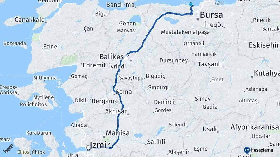 Bursa Mudanya İzmir Arası Kaç Km - Yol Haritası