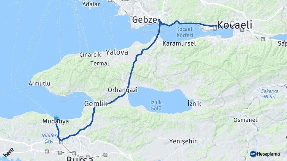 Bursa Mudanya İzmit Kocaeli Arası Kaç Km - Yol Haritası