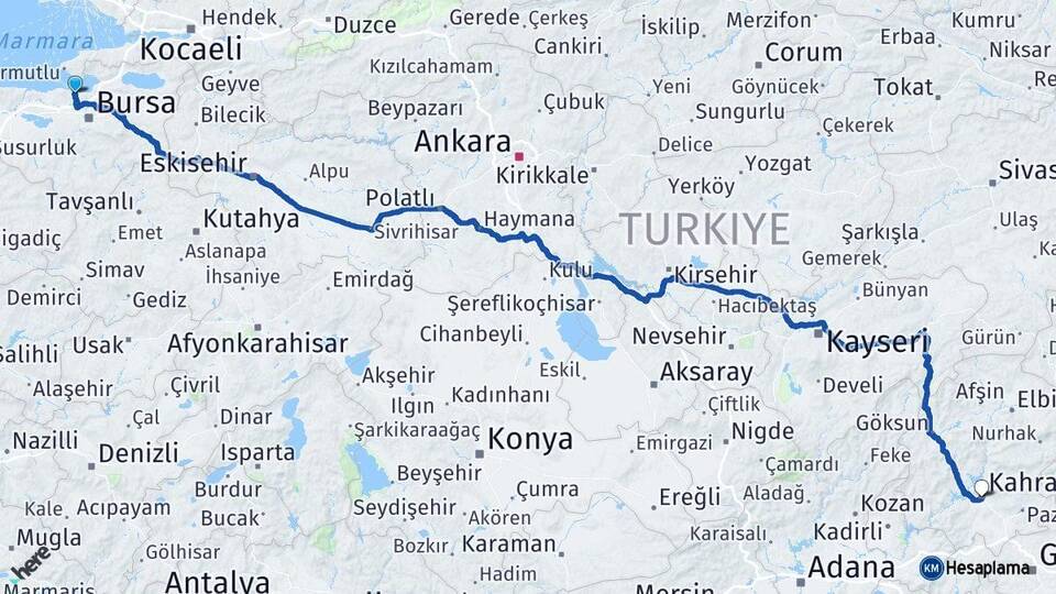 Bursa Mudanya Kahramanmaraş Arası Kaç Km - Yol Haritası