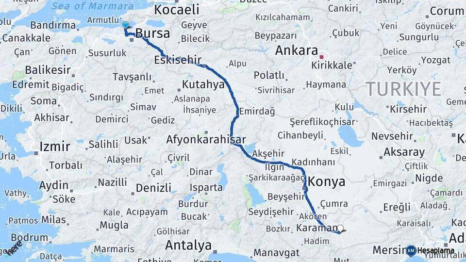 Bursa Mudanya Karaman Arası Kaç Km - Yol Haritası