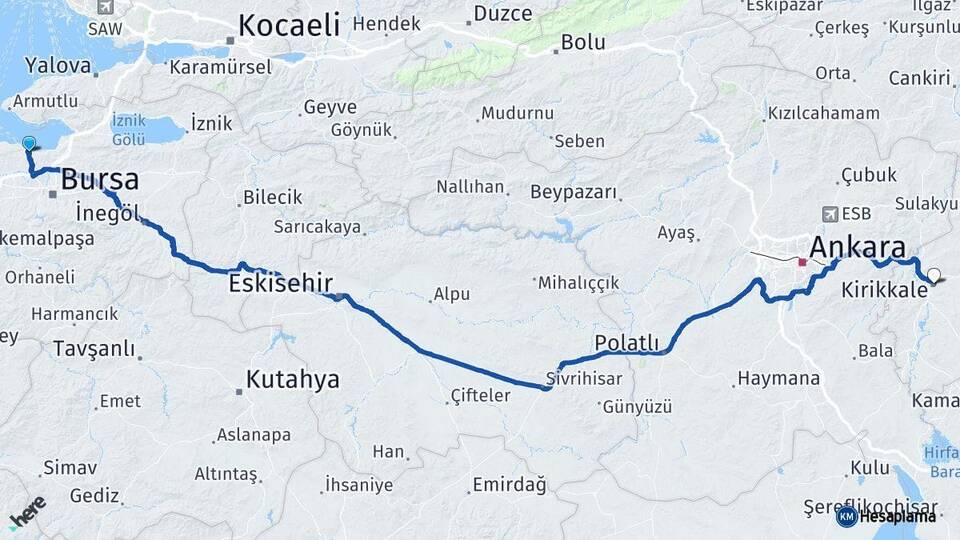 Bursa Mudanya Kırıkkale Arası Kaç Km - Yol Haritası
