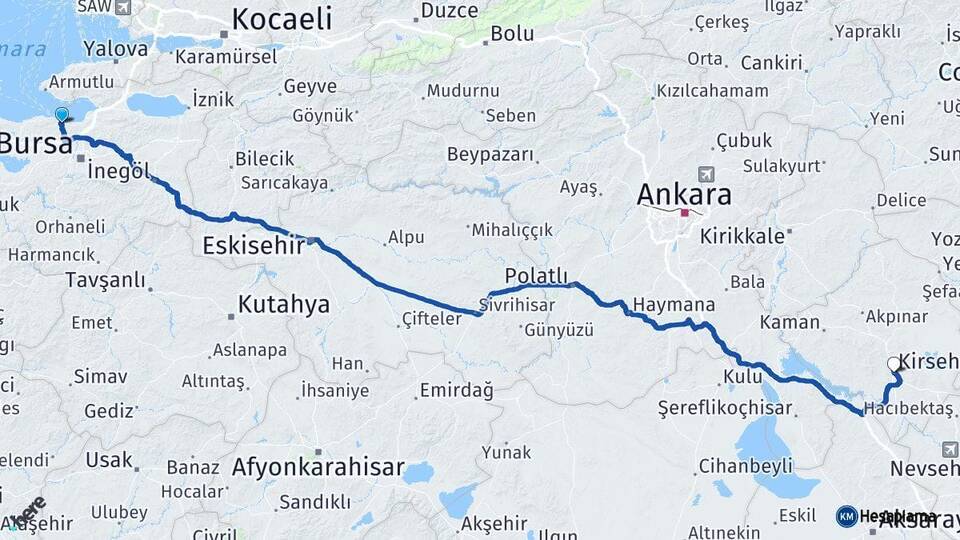 Bursa Mudanya Kırşehir Arası Kaç Km - Yol Haritası