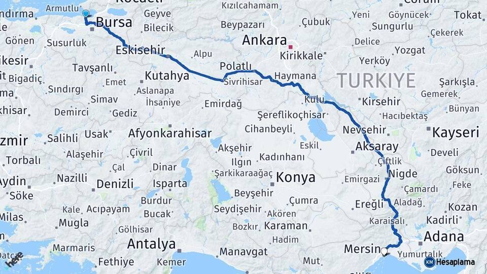Bursa Mudanya Mersin Arası Kaç Km - Yol Haritası