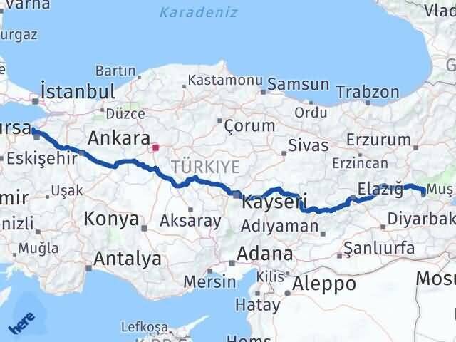 Bursa Mudanya Muş Arası Kaç Km - Yol Haritası
