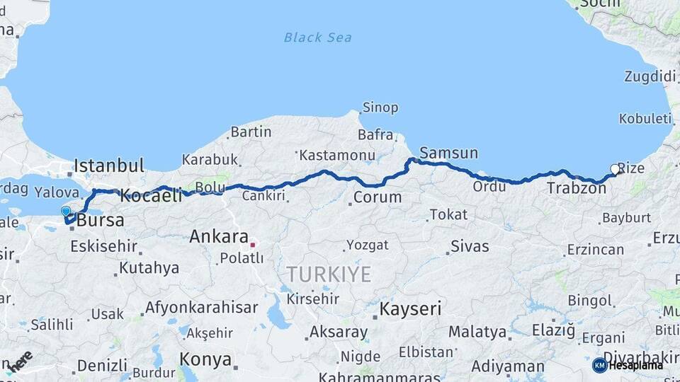 Bursa Mudanya Rize Arası Kaç Km - Yol Haritası