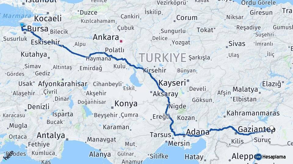 Bursa Mudanya Şanlıurfa Arası Kaç Km - Yol Haritası
