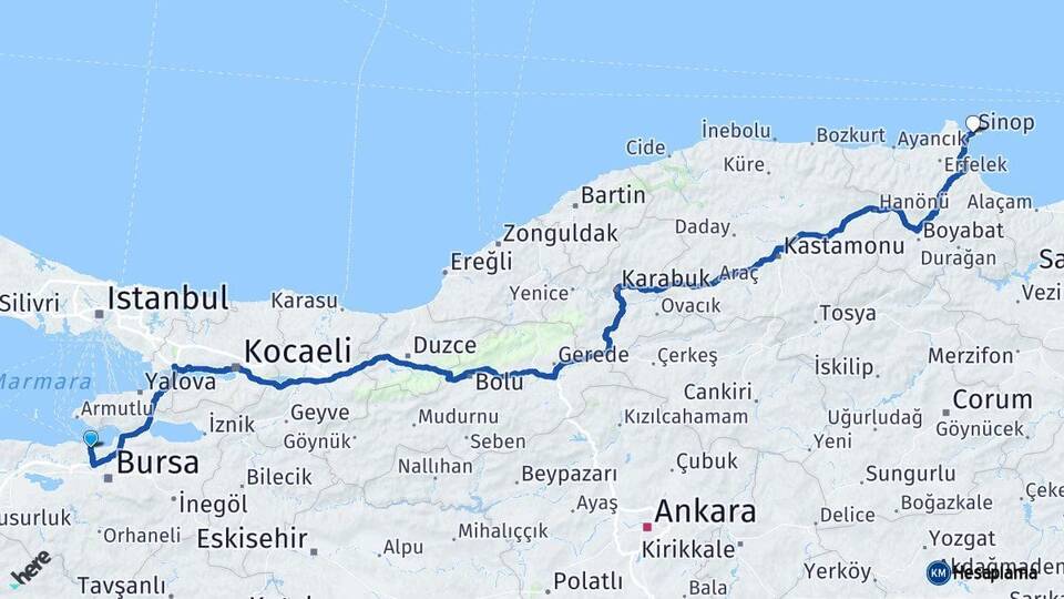 Bursa Mudanya Sinop Arası Kaç Km - Yol Haritası