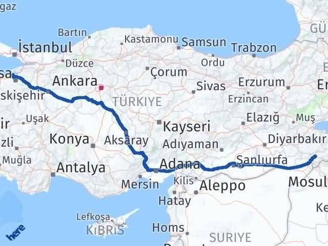 Bursa Mudanya Şırnak Arası Kaç Km - Yol Haritası