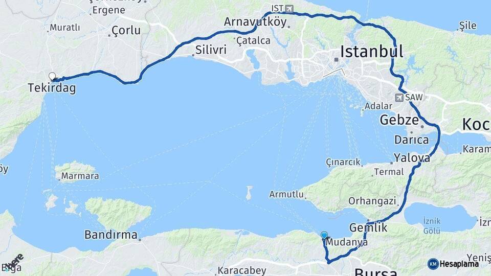 Bursa Mudanya Tekirdağ Arası Kaç Km - Yol Haritası
