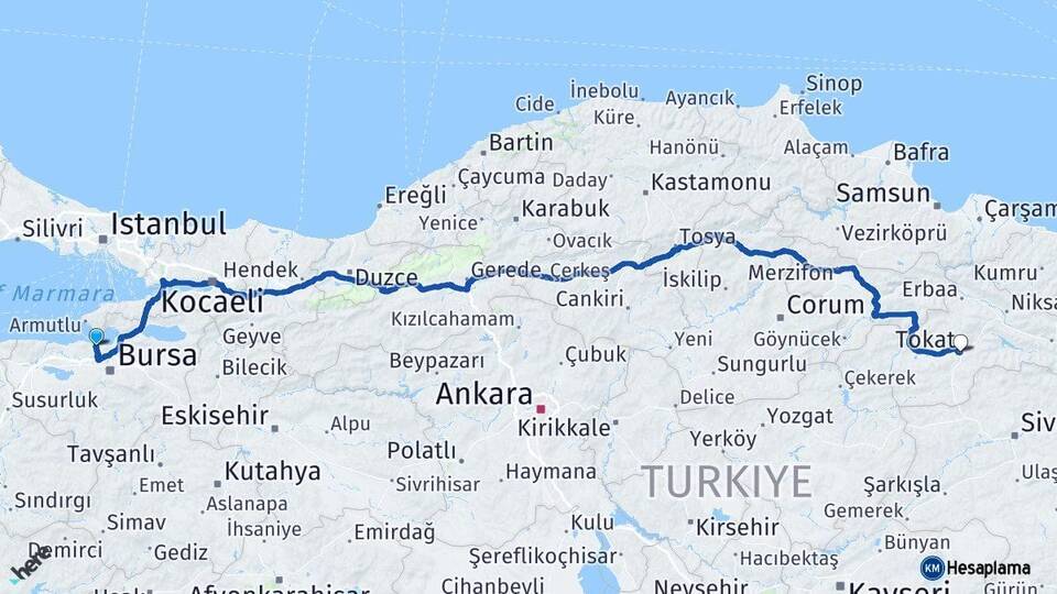 Bursa Mudanya Tokat Arası Kaç Km - Yol Haritası