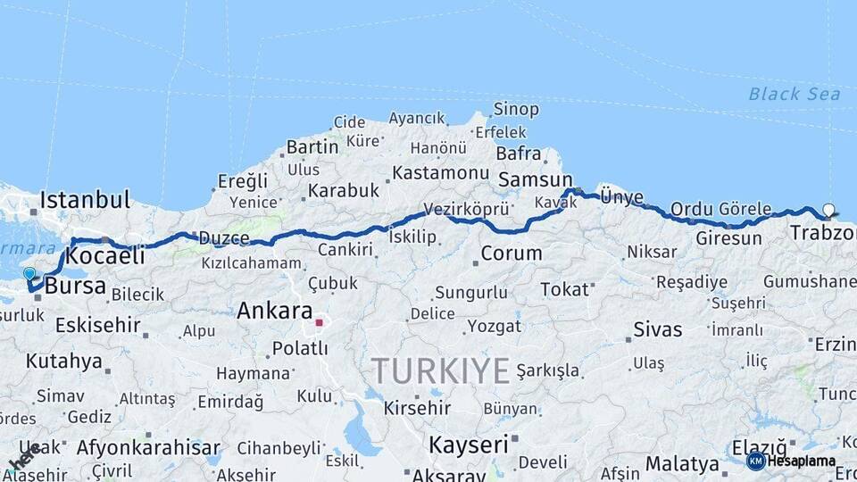Bursa Mudanya Trabzon Arası Kaç Km - Yol Haritası