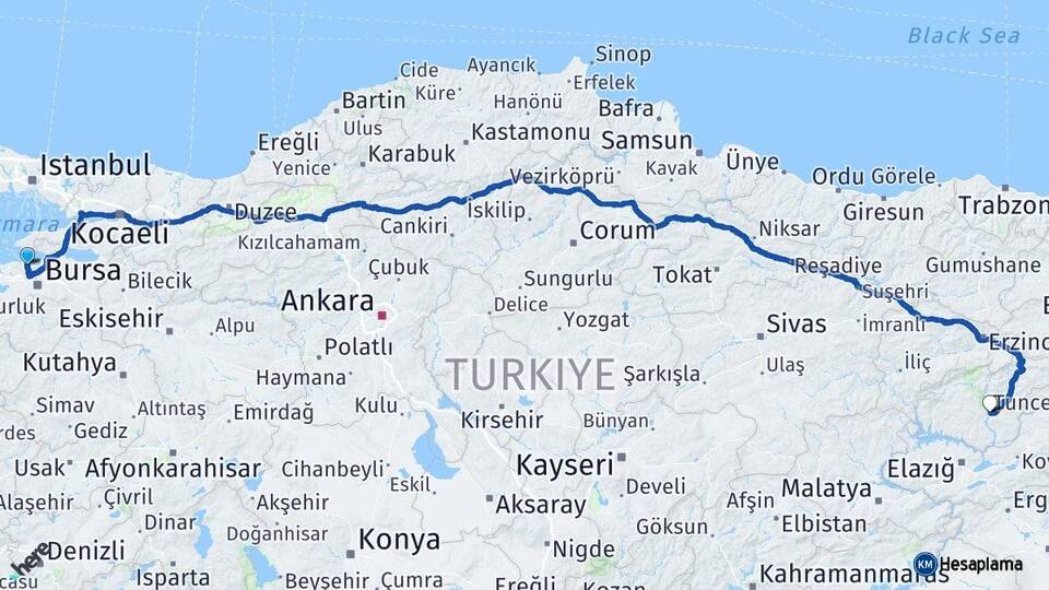 Bursa Mudanya Tunceli Arası Kaç Km - Yol Haritası