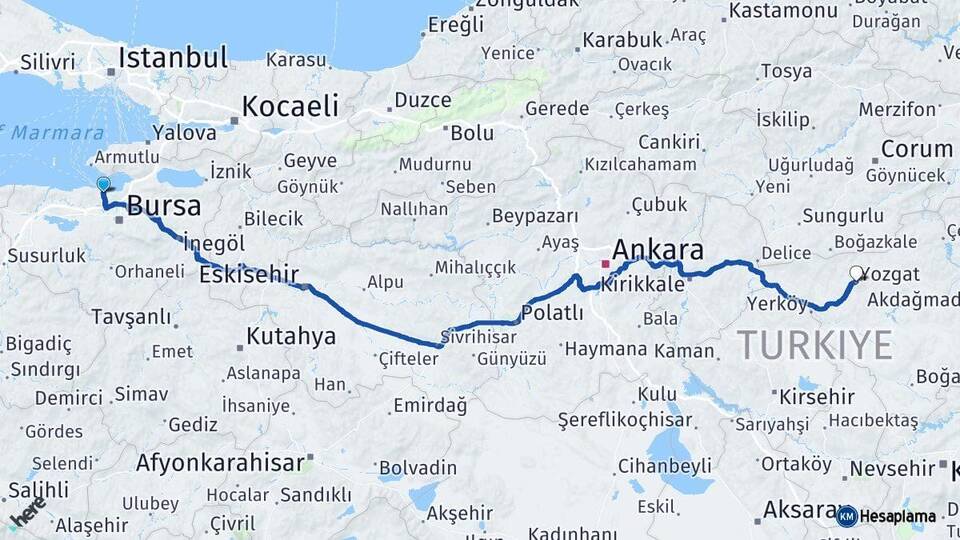 Bursa Mudanya Yozgat Arası Kaç Km - Yol Haritası