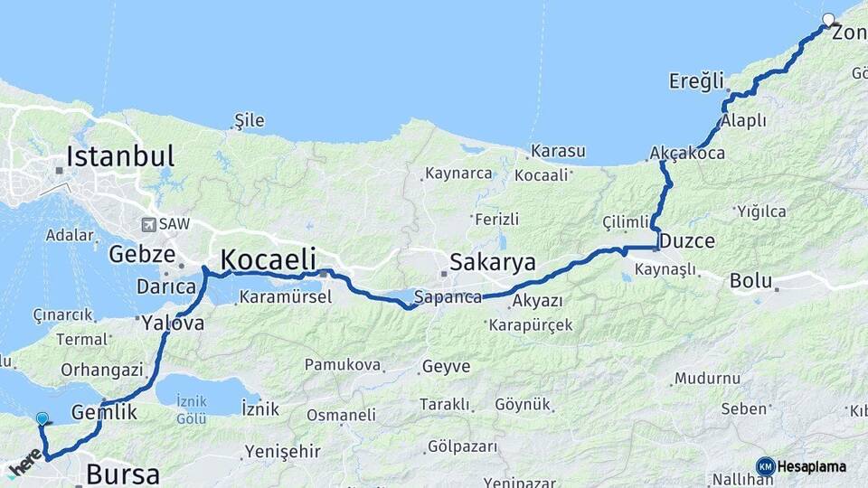 Bursa Mudanya Zonguldak Arası Kaç Km - Yol Haritası