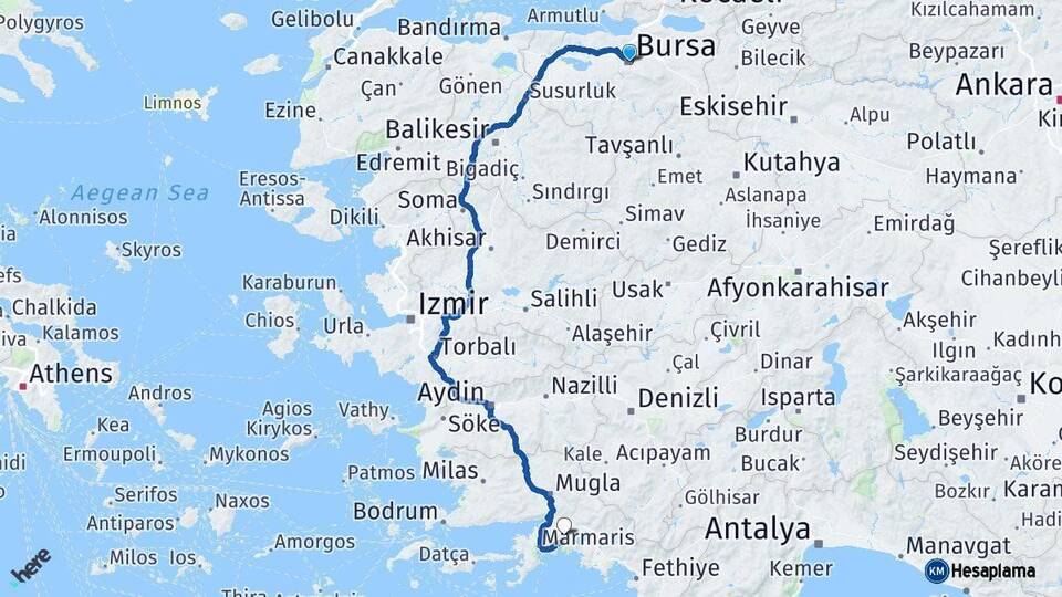 Bursa Muğla Arası Kaç Km - Yol Haritası