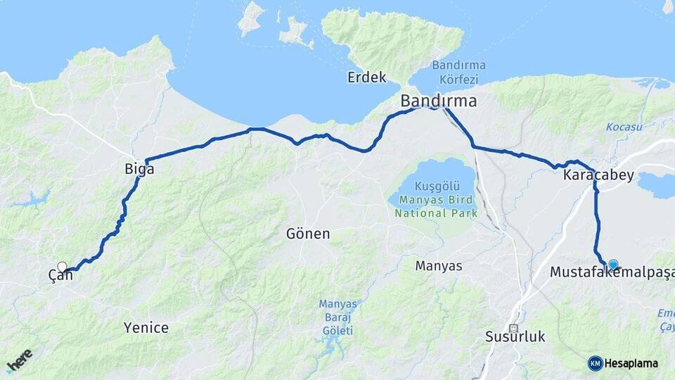 Bursa Mustafakemalpaşa Çan Çanakkale Arası Kaç Km - Yol Haritası