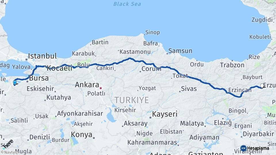 Bursa Mustafakemalpaşa Erzurum Arası Kaç Km - Yol Haritası