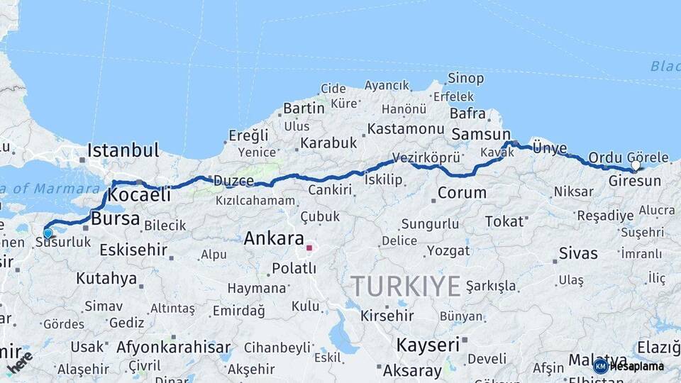 Bursa Mustafakemalpaşa Giresun Arası Kaç Km - Yol Haritası