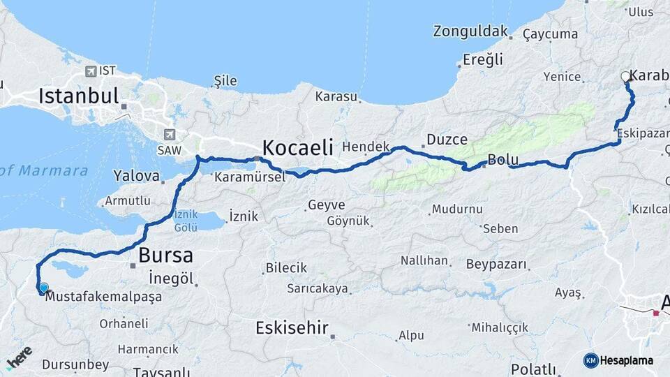 Bursa Mustafakemalpaşa Karabük Arası Kaç Km - Yol Haritası