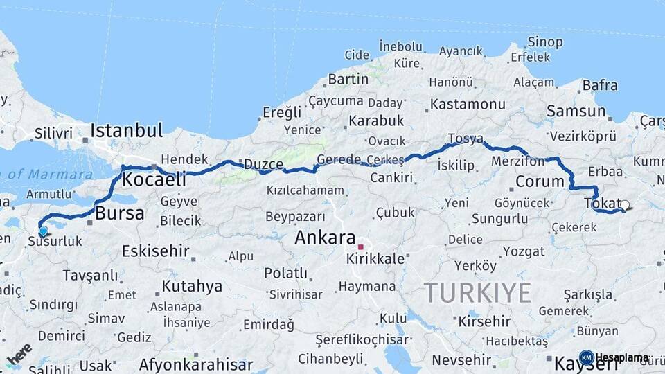Bursa Mustafakemalpaşa Tokat Arası Kaç Km - Yol Haritası