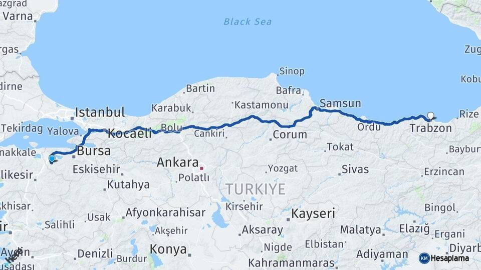 Bursa Mustafakemalpaşa Trabzon Arası Kaç Km - Yol Haritası