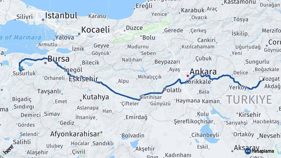 Bursa Mustafakemalpaşa Yozgat Arası Kaç Km - Yol Haritası