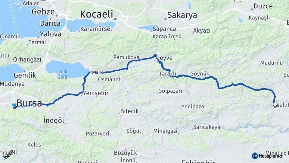 Bursa Nallıhan Ankara Arası Kaç Km - Yol Haritası