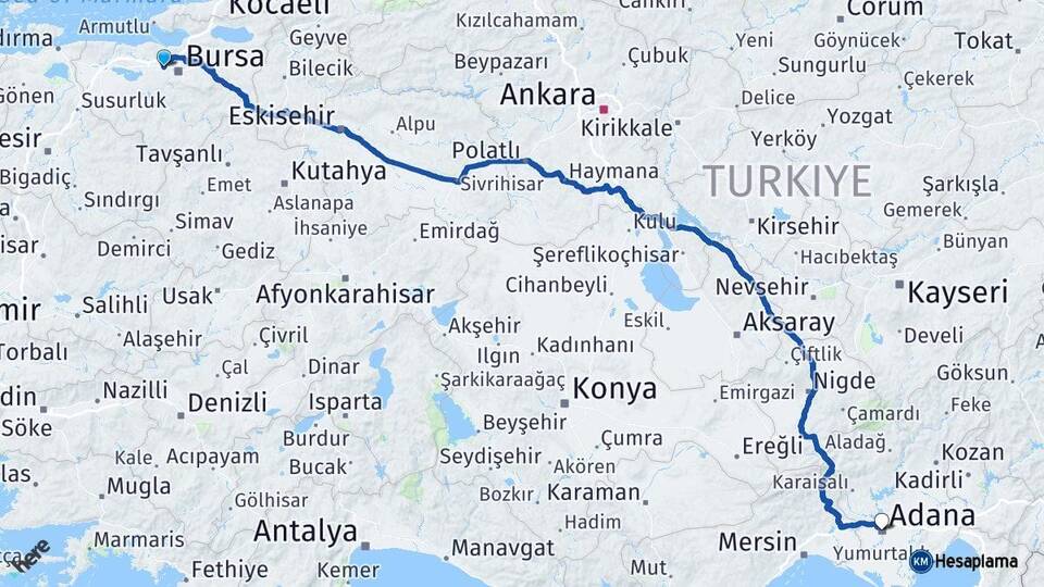 Bursa Nilüfer Adana Arası Kaç Km - Yol Haritası