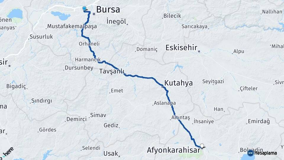 Bursa Nilüfer Afyonkarahisar Arası Kaç Km - Yol Haritası