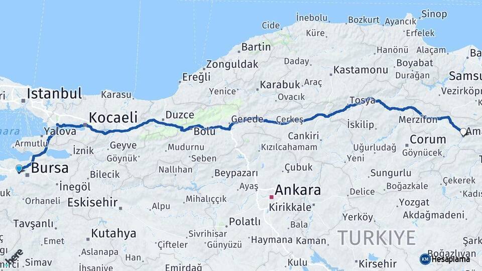 Bursa Nilüfer Amasya Arası Kaç Km - Yol Haritası