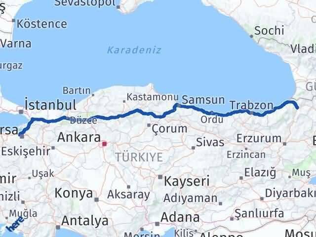 Bursa Nilüfer Artvin Arası Kaç Km - Yol Haritası