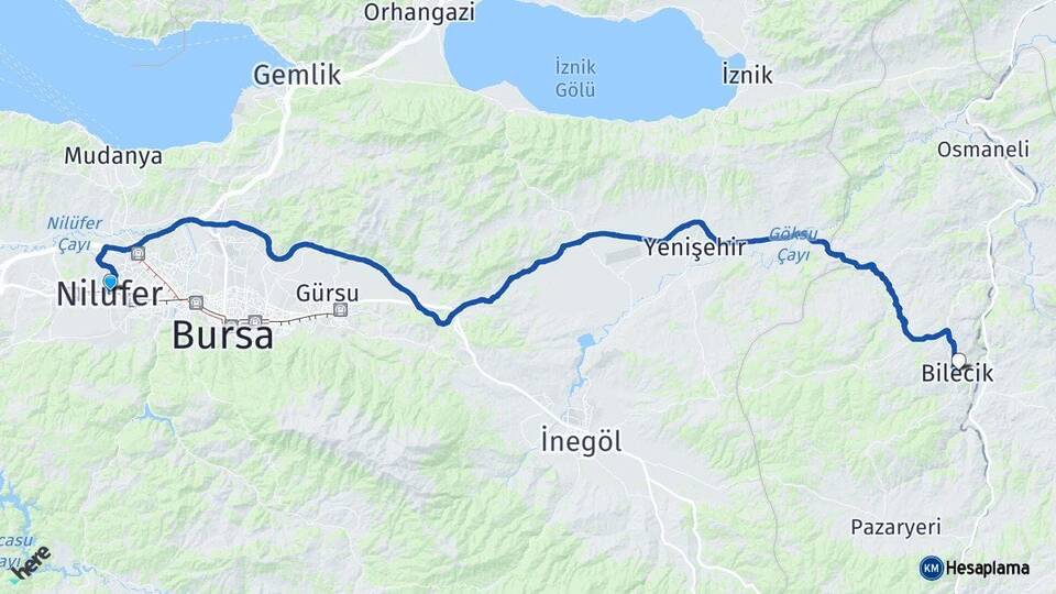 Bursa Nilüfer Bilecik Arası Kaç Km - Yol Haritası